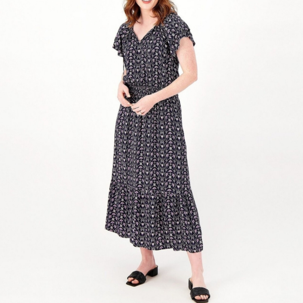 Destination 365 Printed Short-Sleeve Midi Dress Smocking Size LP